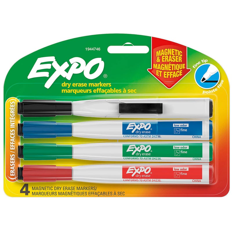 EXPO Magnetic Dry Erase Markers with Eraser, Fine Tip, Low Odor Ink, 4 Count, 4 Assorted Colors: Black, Red, Blue, Green - Image 1